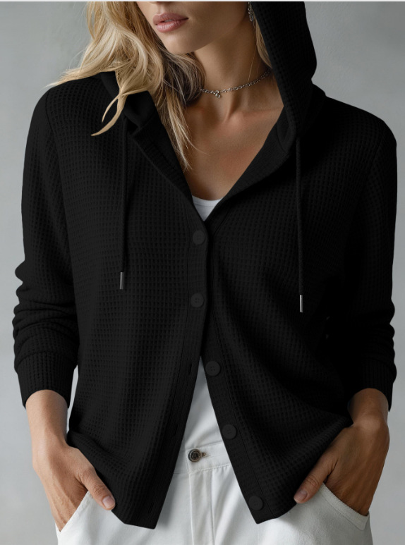 Waffle Knit Hooded Button-Front Cardigan
