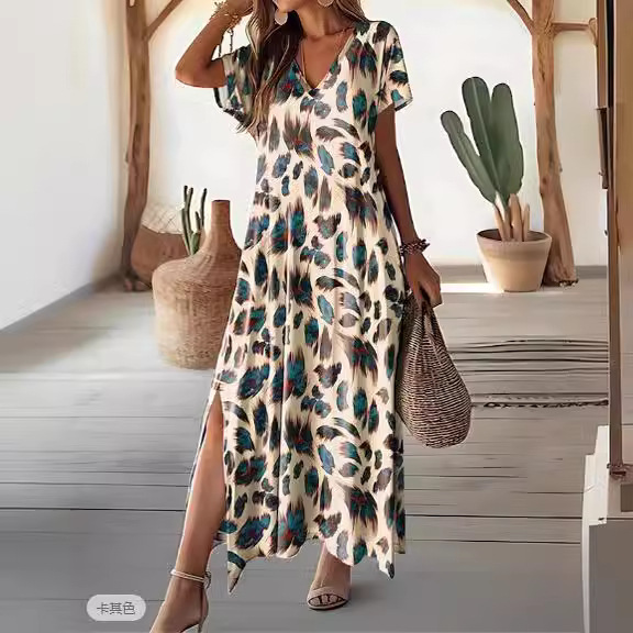 Women's Casual V-Neck Split Short Sleeve Dress with Digital Print