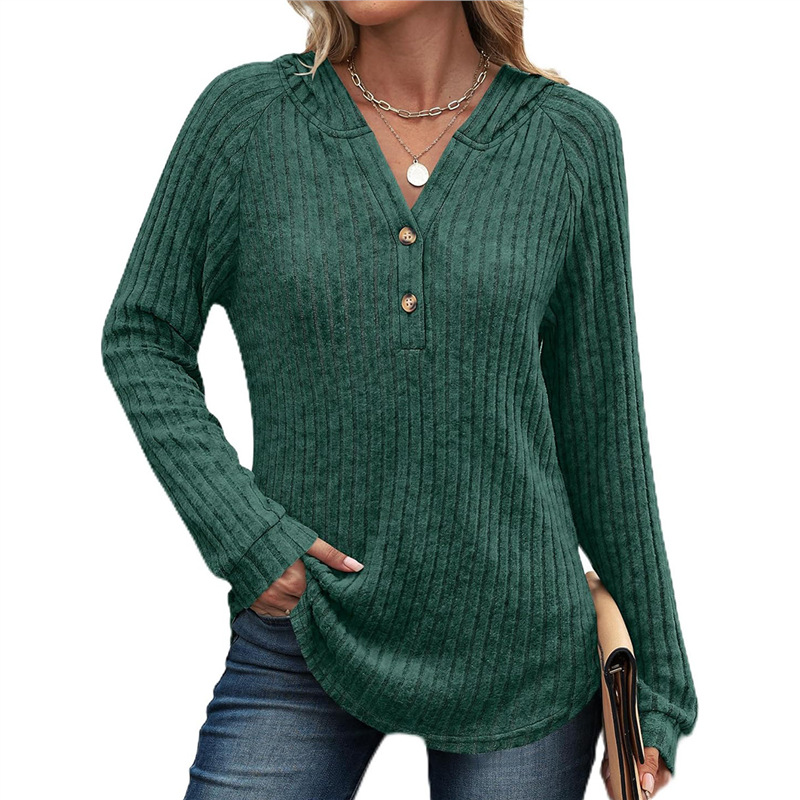 Women's Solid V-Neck Button Loose Hooded Fleece Knit Top