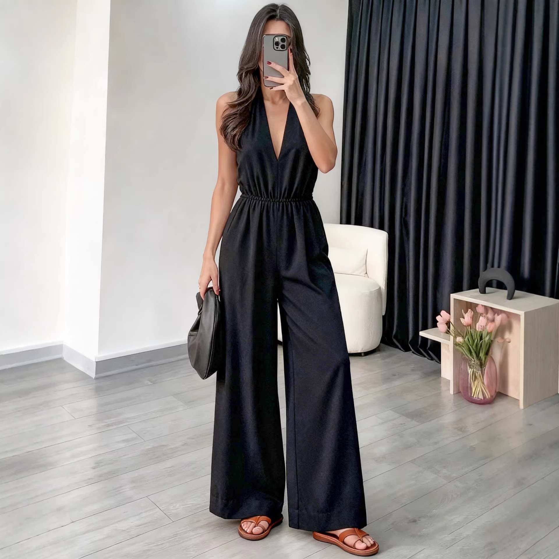 Women's V-Neck Halter Sleeveless Jumpsuit Solid Color Wide-Leg