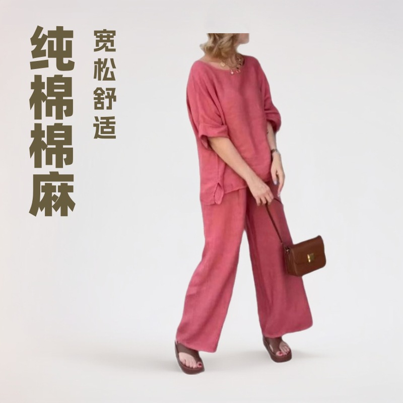 Cotton Linen Ramie Women's Two-Piece Set Long Sleeve Solid Color Plus Size