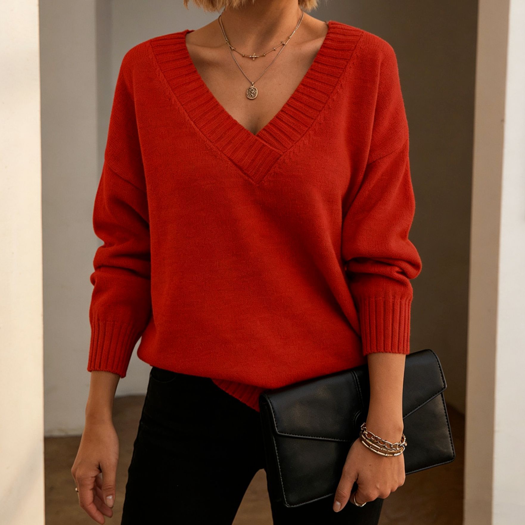 Women's Loose V-Neck Pullover Sweater Solid Color Knit Top