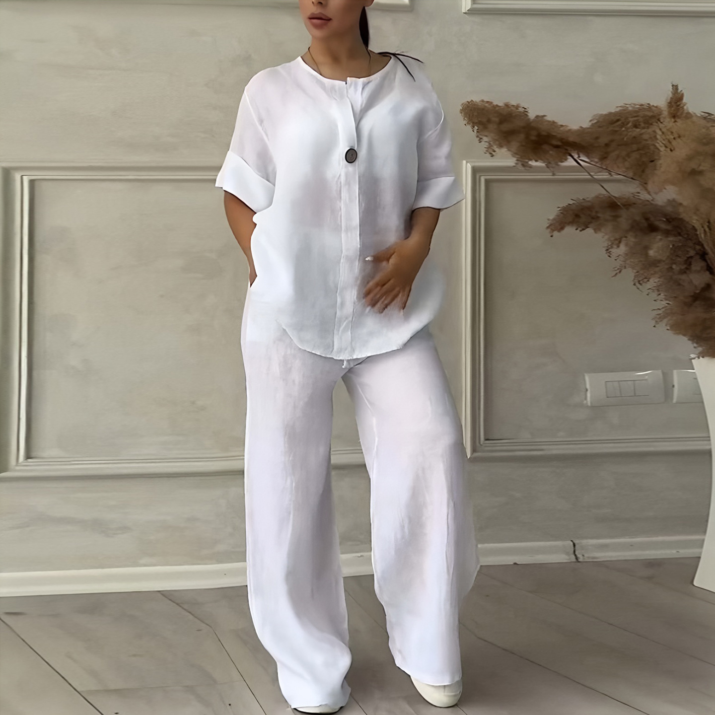 Women's Solid Color Short Sleeve Shirt and Long Pants Set Casual Two-Piece Outfit