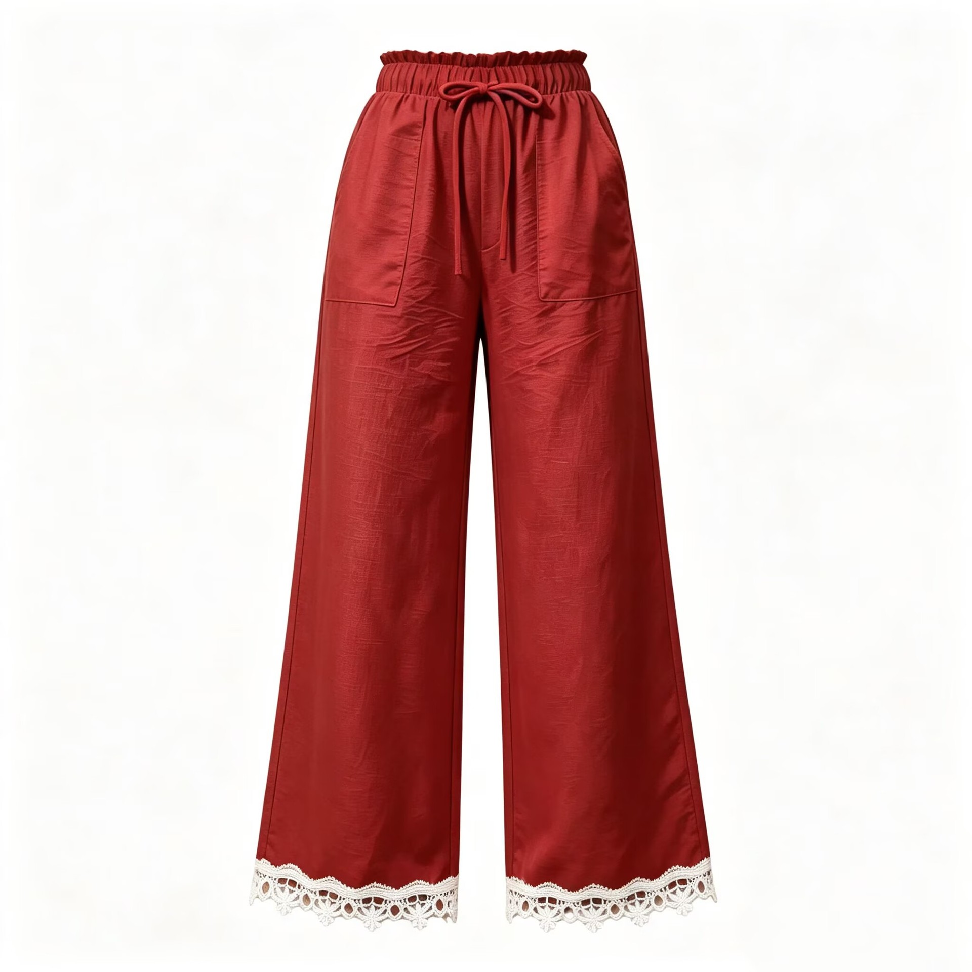 Women's Lace Trim Wide Leg Pants Casual Loose Straight Trousers