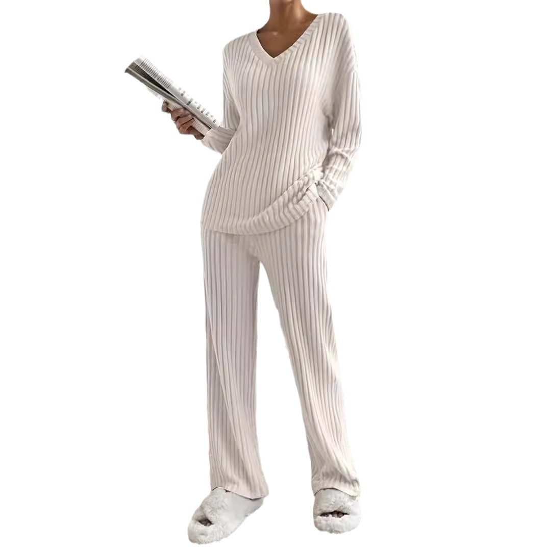 Women's Ribbed V-Neck Top and Straight-Leg Pants Two-Piece Set