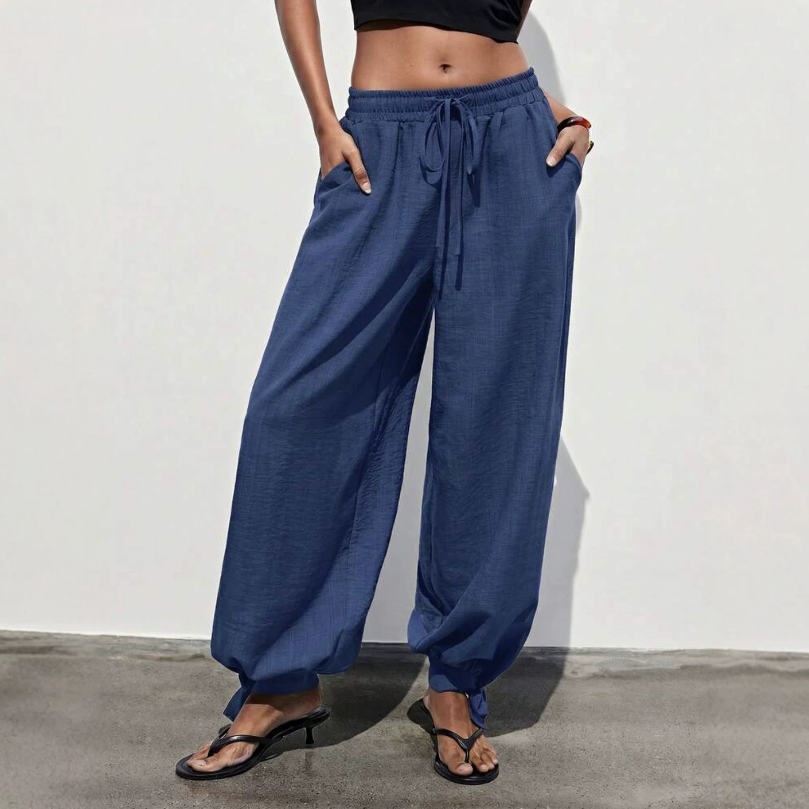 Women's Solid Drawstring Waist Harem Pants with Pockets