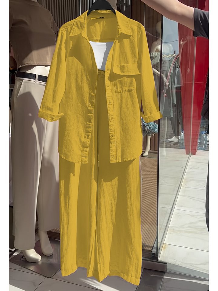Women's 2-Piece Cotton-Linen Shirt and High-Waist Wide-Leg Pants Set