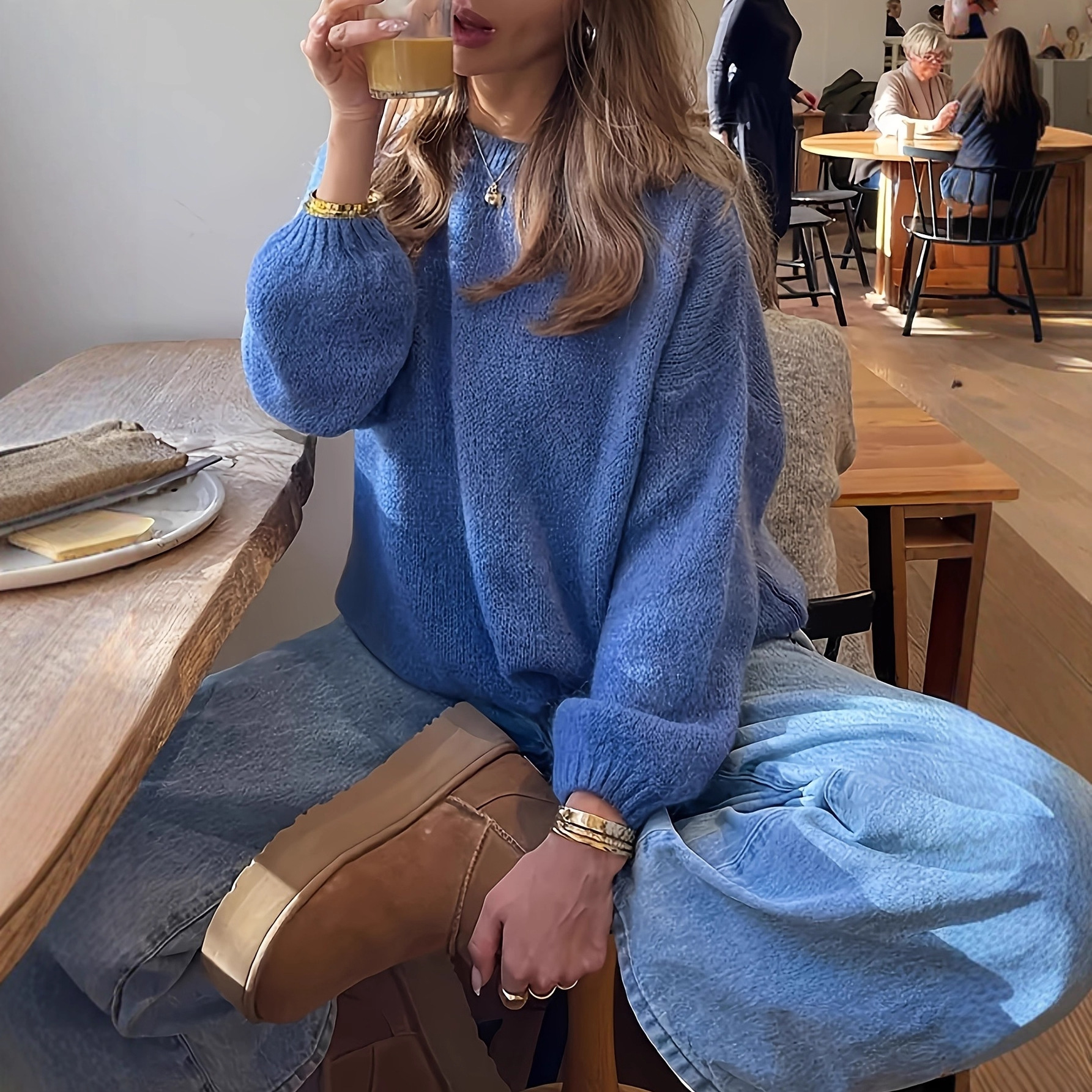 Women's Soft Knit Pullover Sweater Long Sleeve Crew Neck Solid Color
