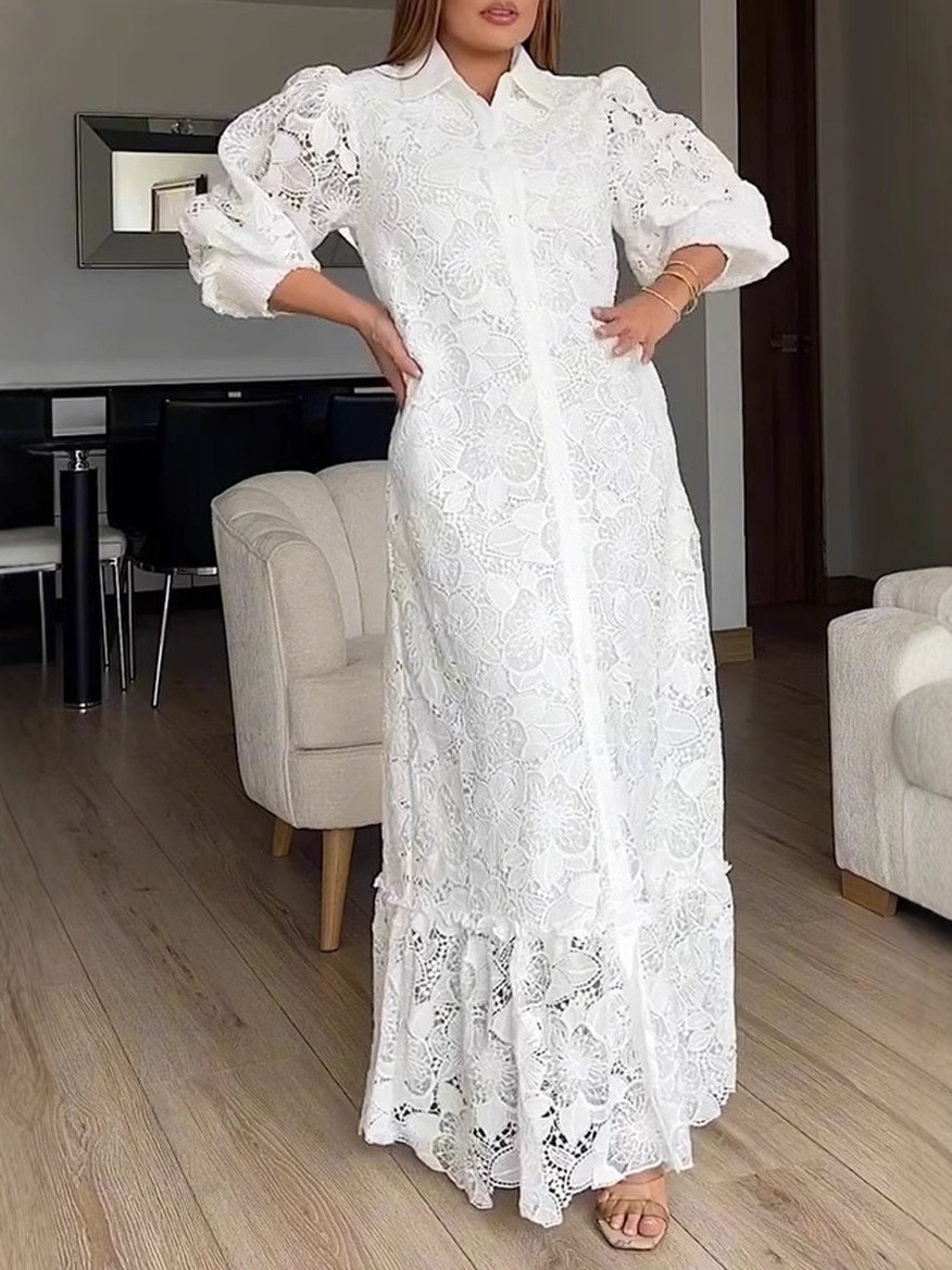 Elegant Long Sleeve Button Hollow Lace Cardigan Dress