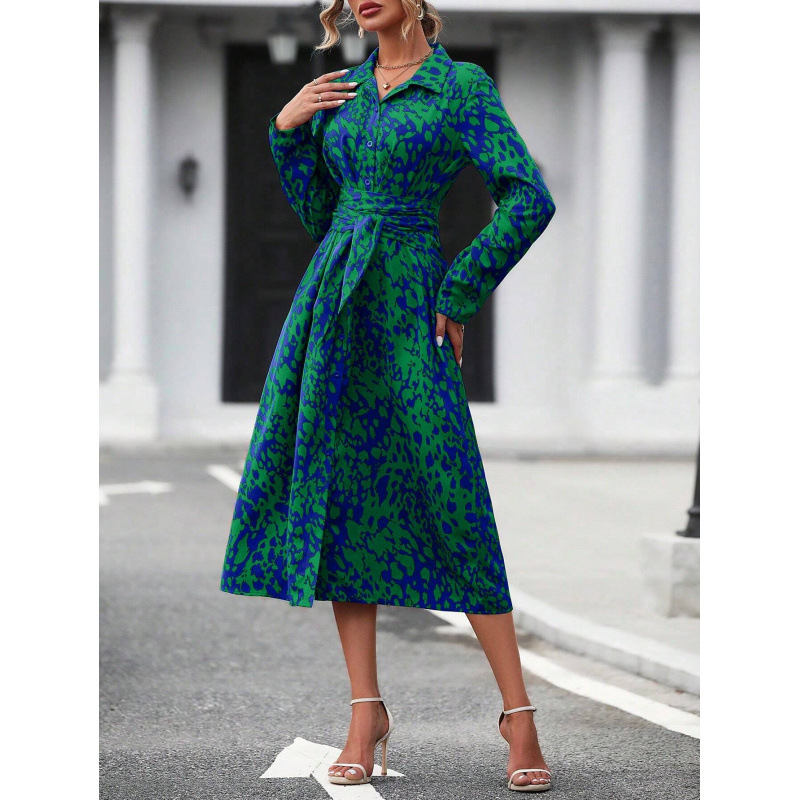 Printed Faux Suede Long Shirt Dress with Polo Collar