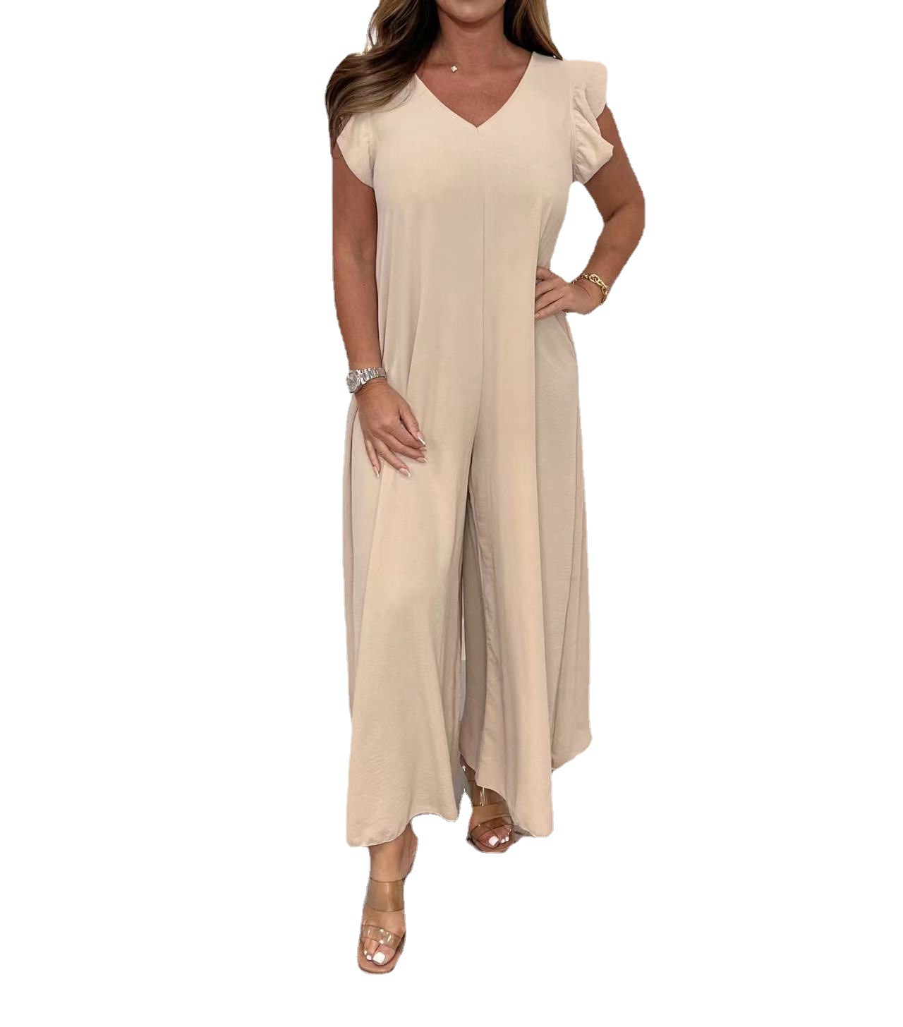 Women's Tie-Waist Ruffle Wide-Leg Jumpsuit Solid Casual