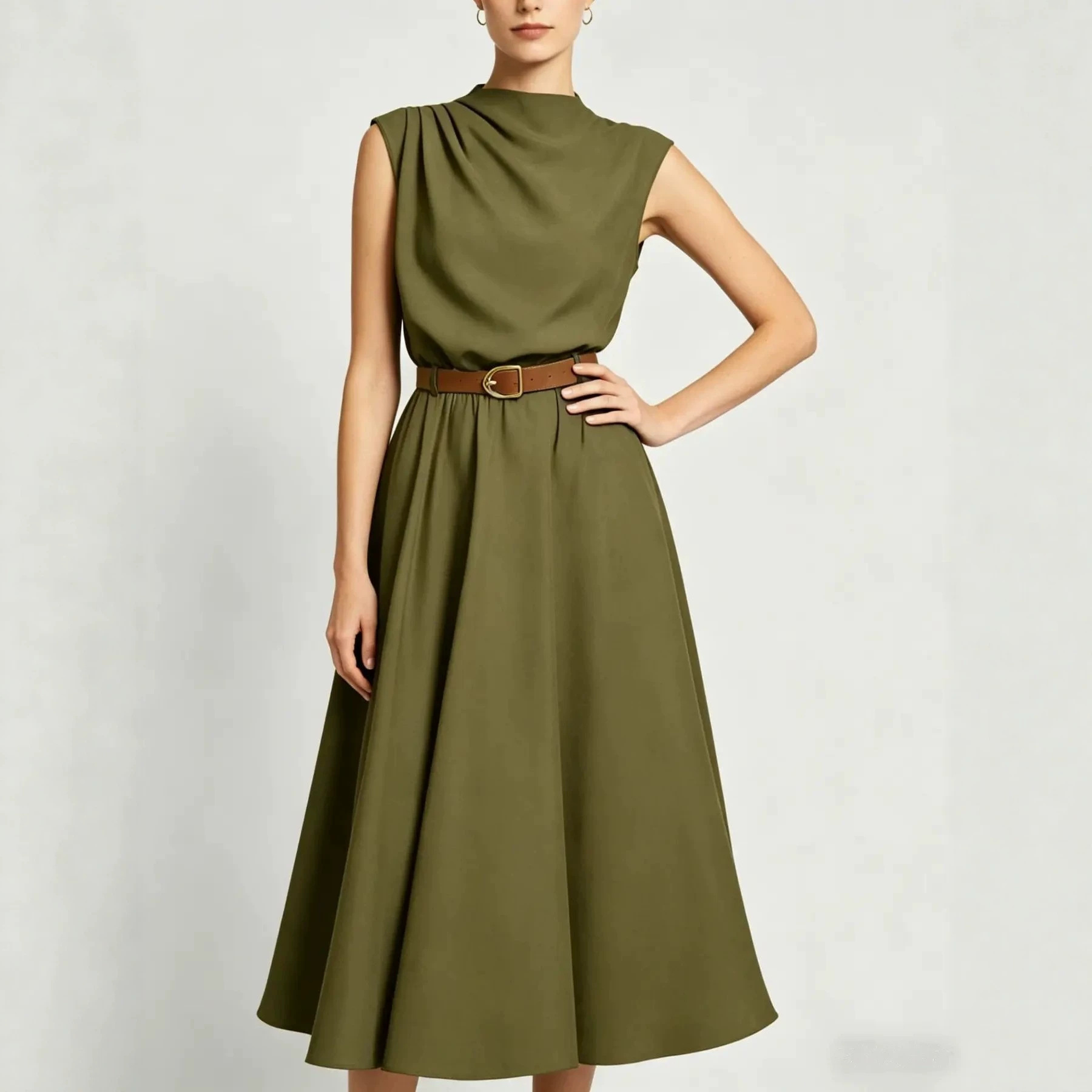 High Neck Sleeveless A-Line Midi Dress with Side Ruching and Belt
