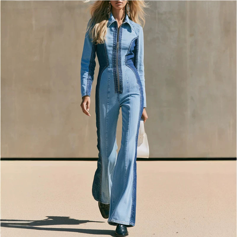 Retro Color-Block Long-Sleeve Zip Flared Jumpsuit