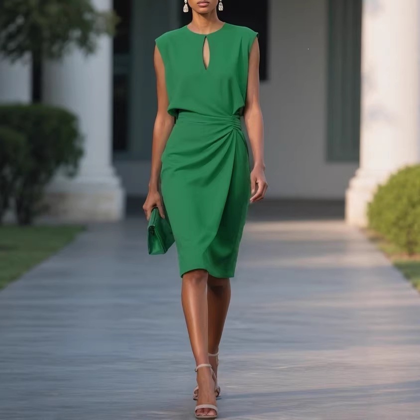 Women's Summer Sleeveless Dress Solid Color Ruched Waist Round Neck Cutout