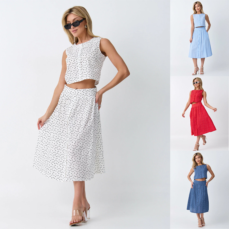 Polka Dot Sleeveless Crop Top and High-Waist Skirt Two-Piece Set