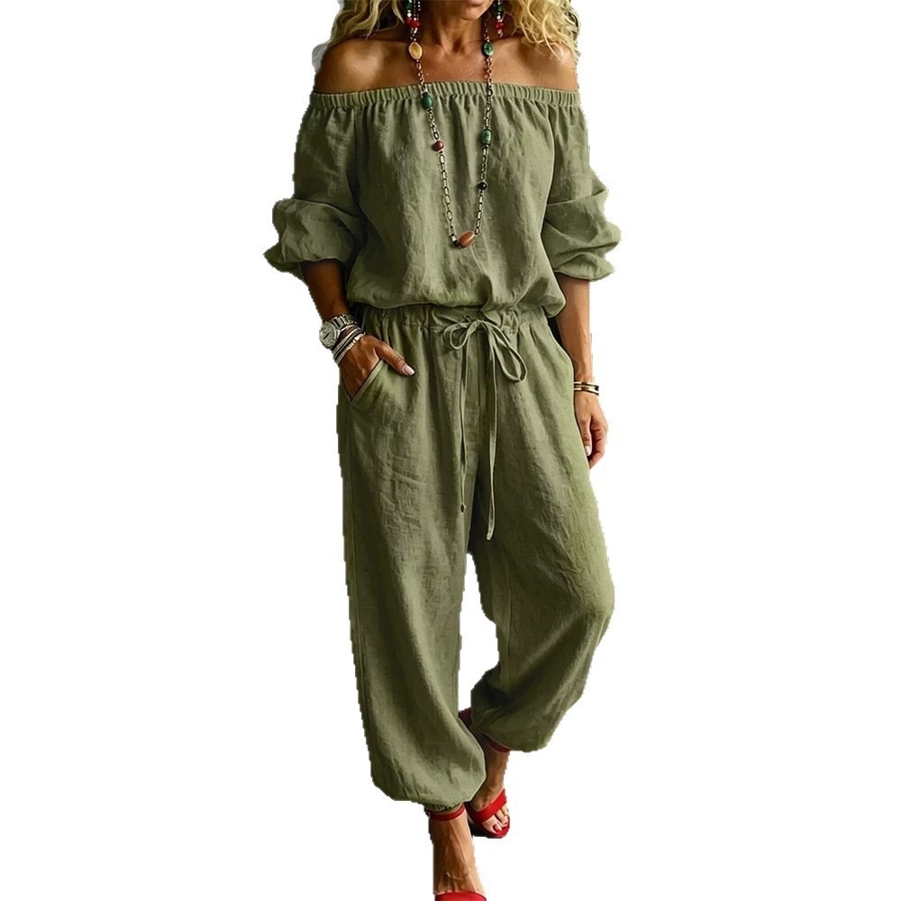 Textured Cotton-Linen Off-Shoulder Set with Puff Sleeves and Pocket Jogger Pants