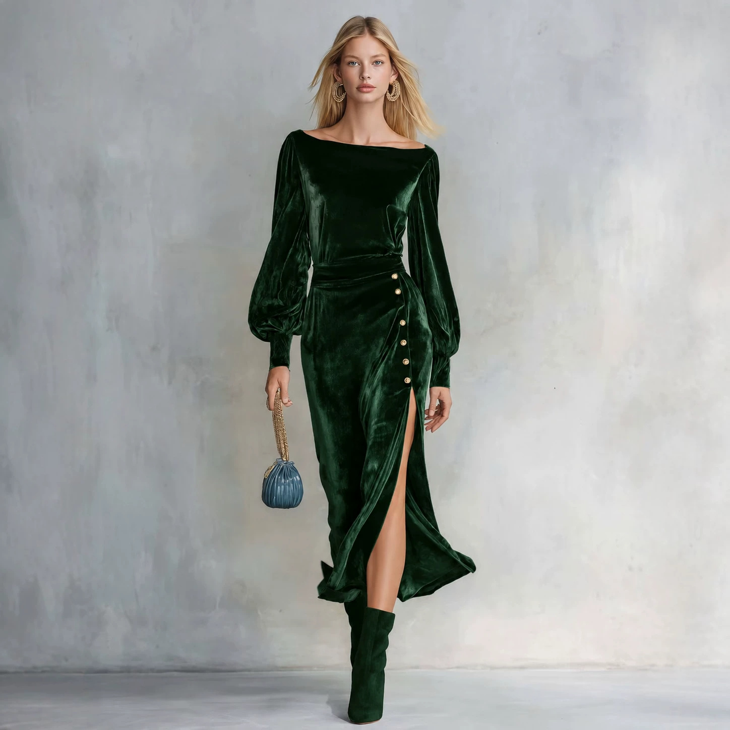 Elegant Off-Shoulder Long-Sleeve Velvet Maxi Dress with Buttons