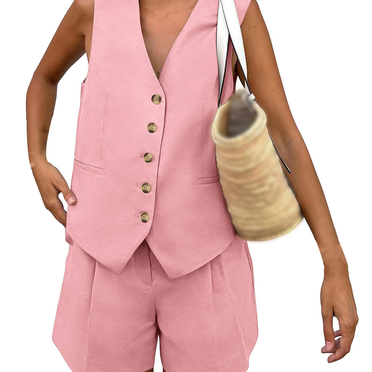 V-Neck Single-Breasted Sleeveless Vest and Shorts Casual Set