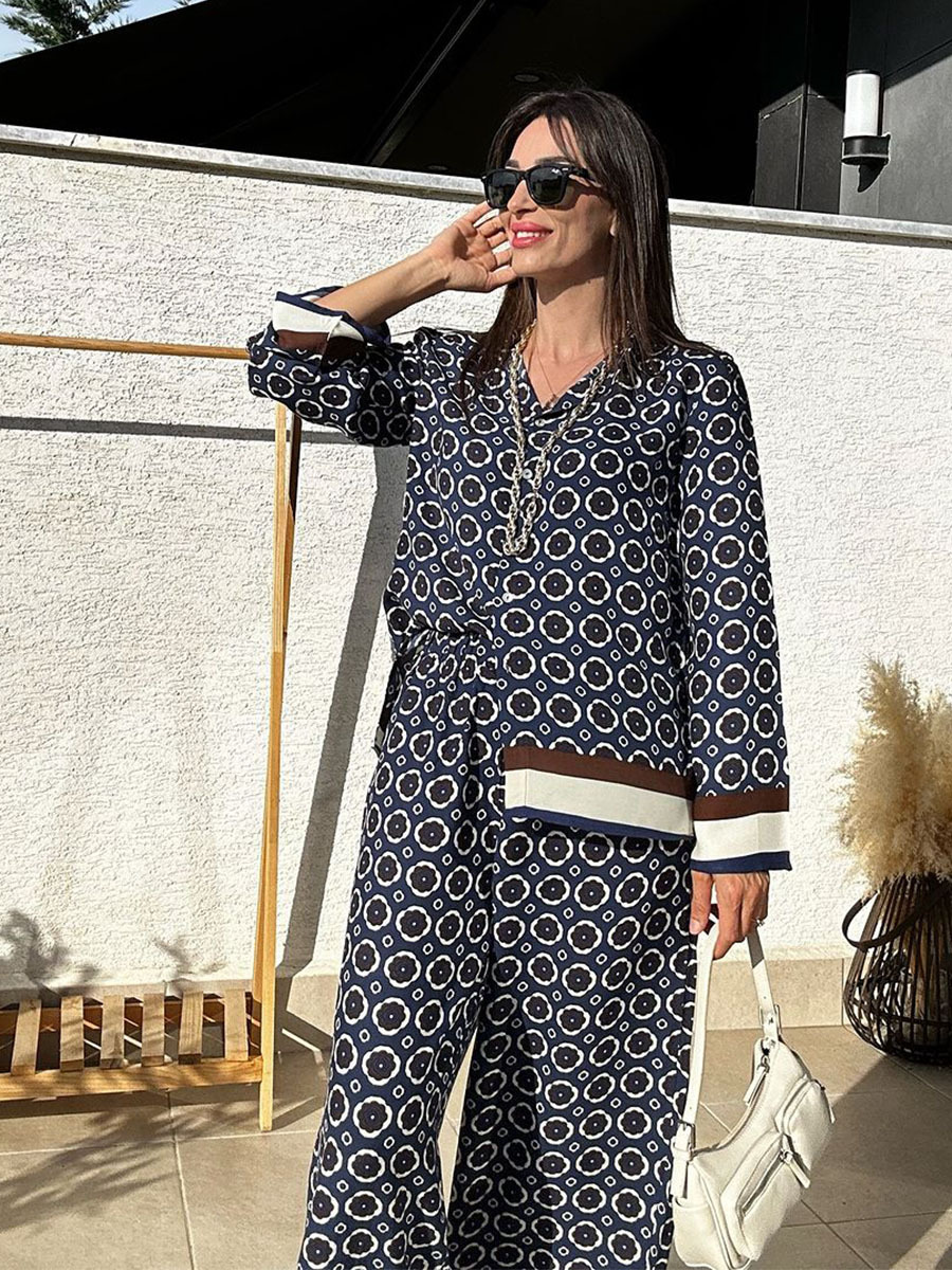 Women's Printed Long Sleeve Shirt and High Waist Pants Two-Piece Set
