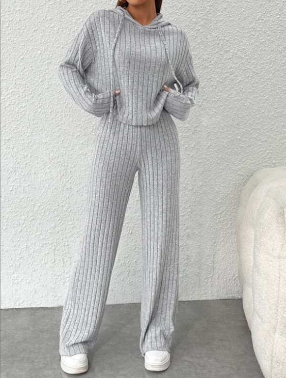 Striped Hooded Knit Sweatshirt Set Long Sleeve Casual