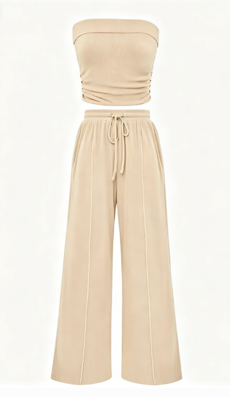 Women's Solid Color Strapless Top and Pants Set Casual Vacation Outfit