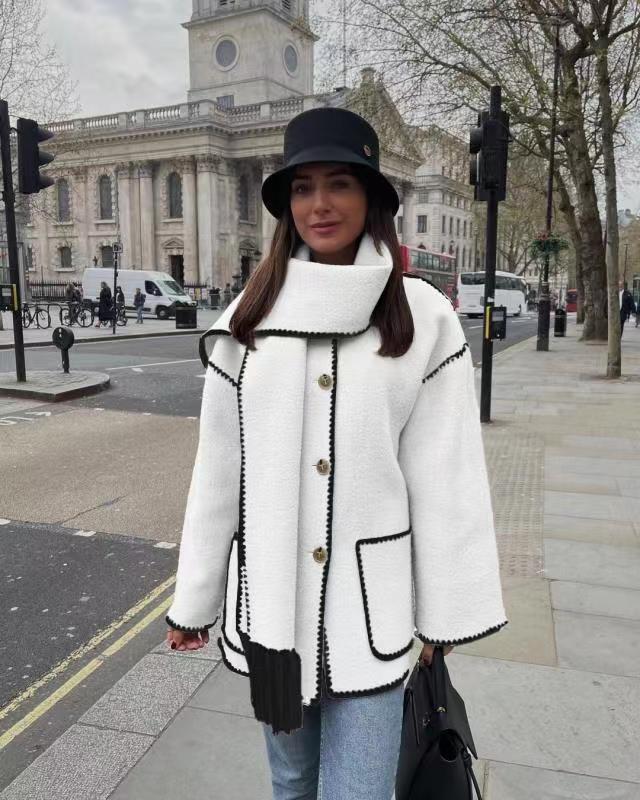 Women's Fringe Wool-Blend Coat with Scarf, Loose Fit