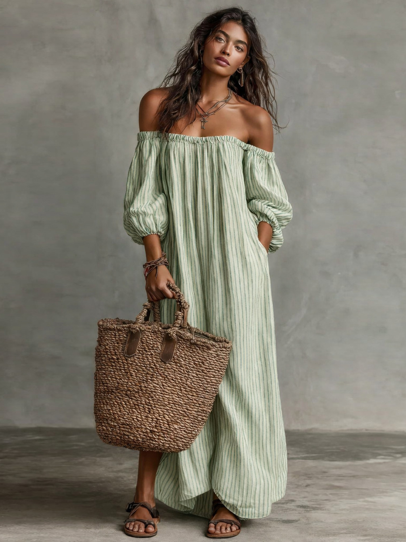 Striped Off-Shoulder A-Line Midi Dress Puff Sleeve