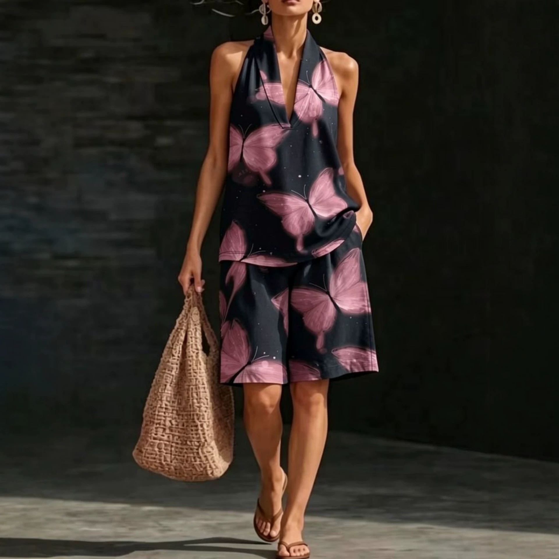 Retro Floral Print Sleeveless Halter Vest Set for Women