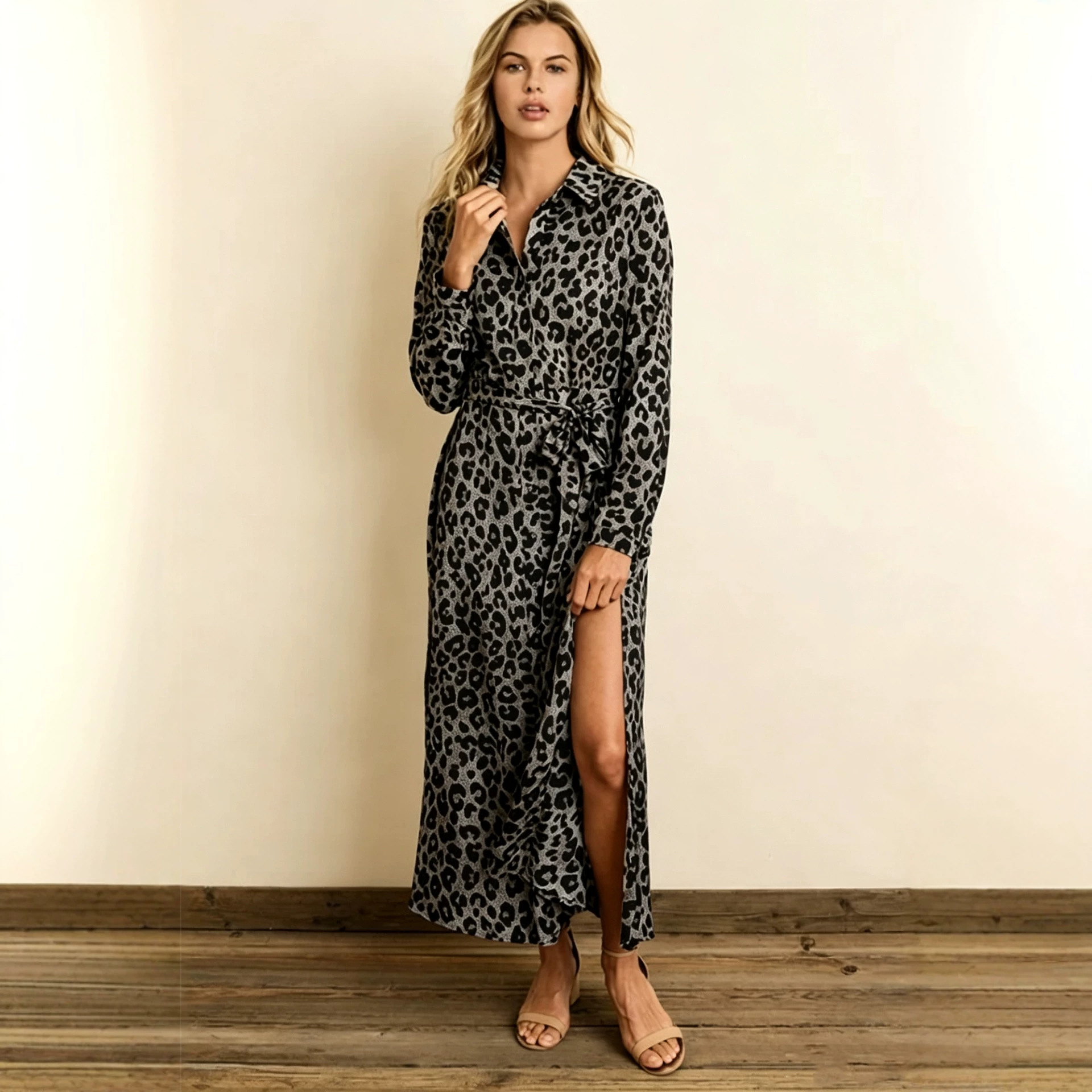 Collared Long Sleeve Tie-Waist Split Long Dress