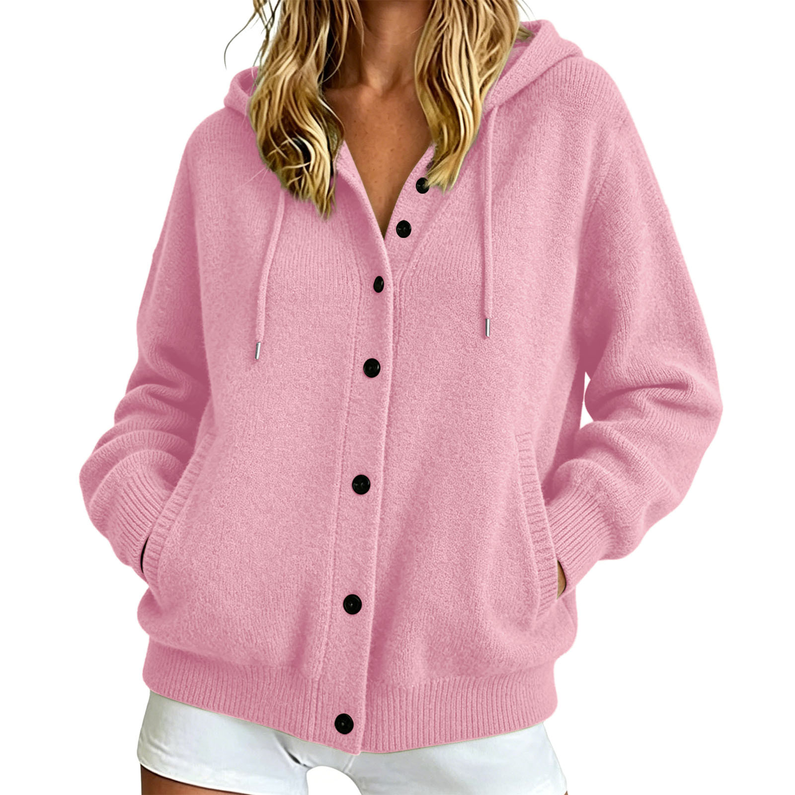 Button-Up Hooded Knit Cardigan Sweater, Solid Color Casual