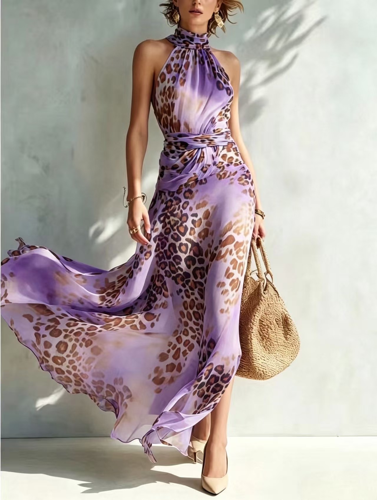 Sleeveless Halter Neck Leopard Print A-Line Maxi Dress