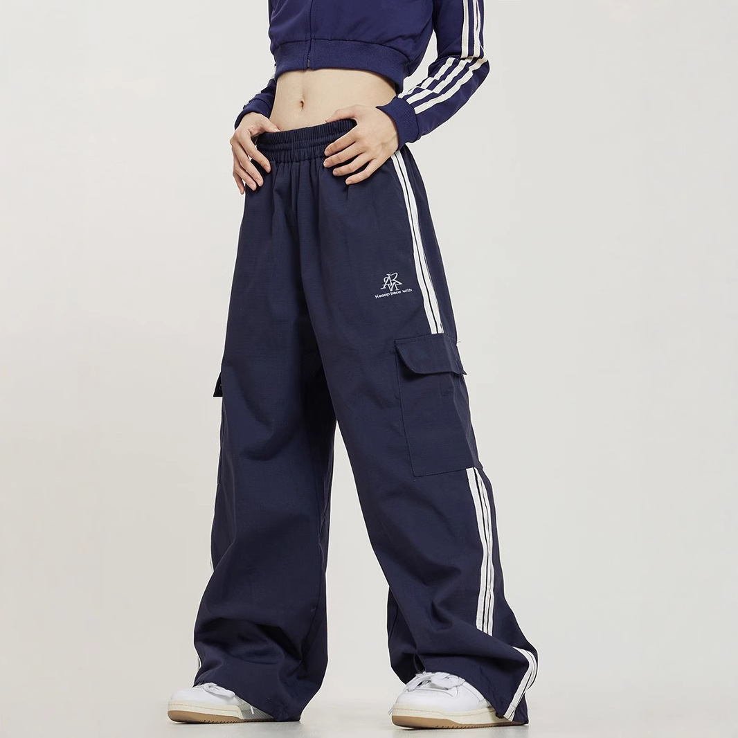 American Retro Side-Stripe Cargo Pants Unisex Straight-Leg Three-Stripe Loose Wide-Leg High-Street Track Pants