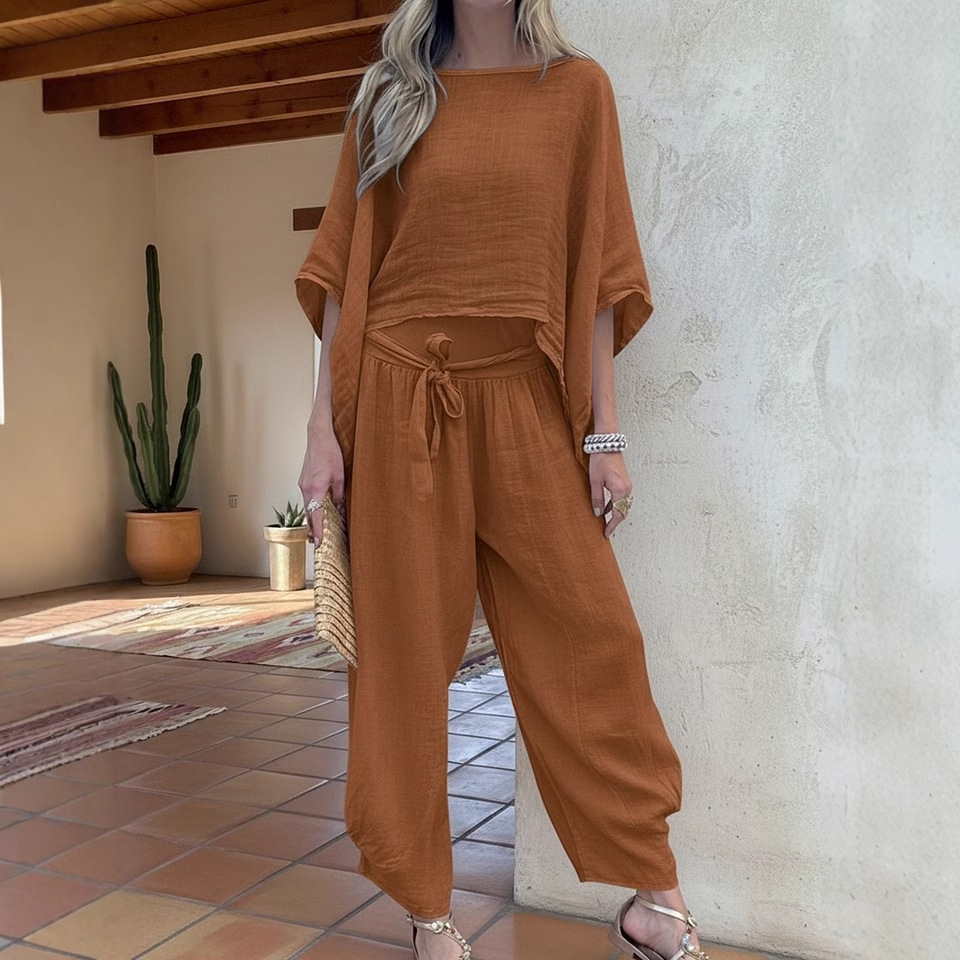 Women's Solid Color Tie Shirt and High-Waist Straight-Leg Pants Set