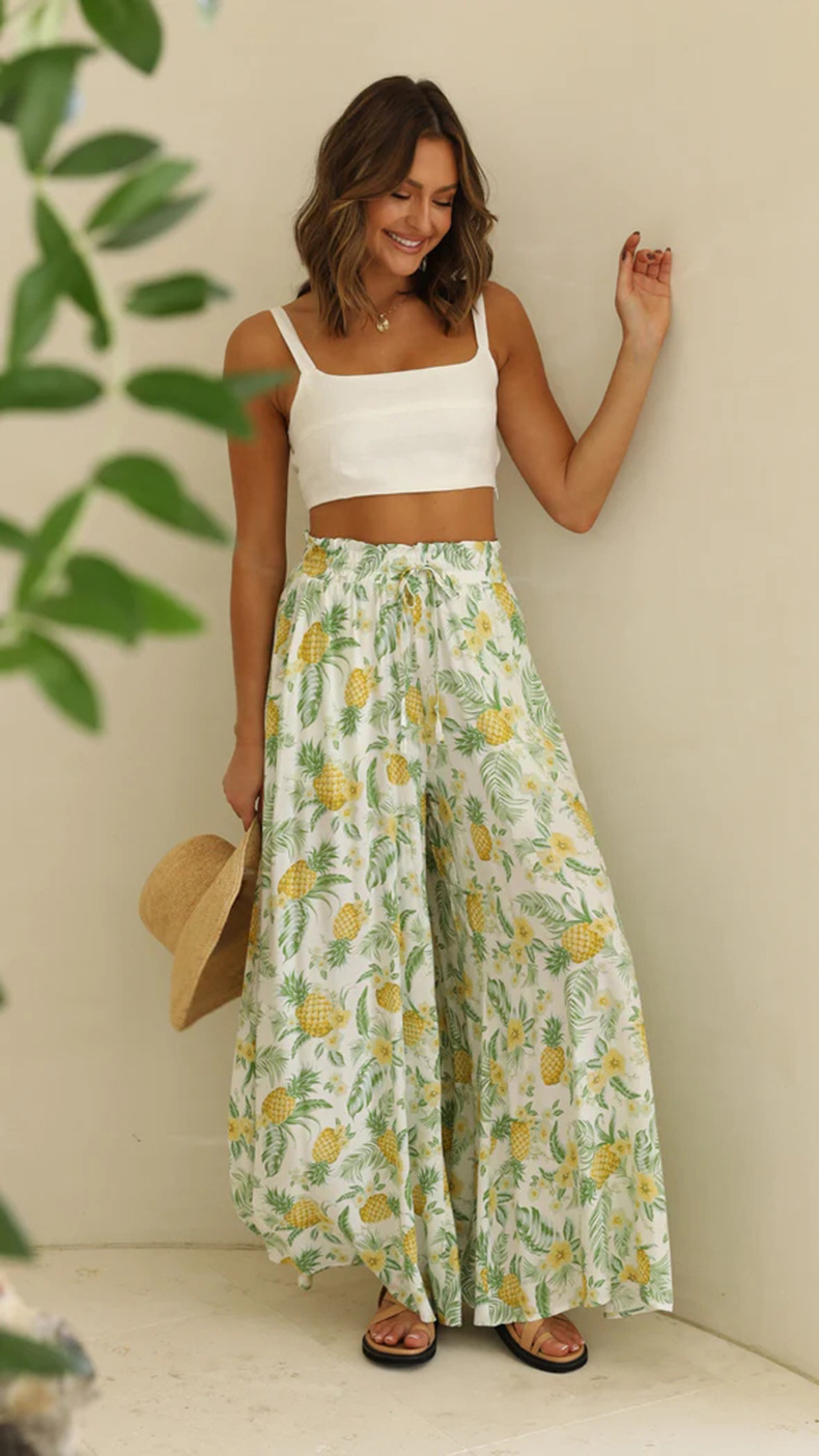 Printed Wide-Leg High-Waist Pants with Elastic Waist