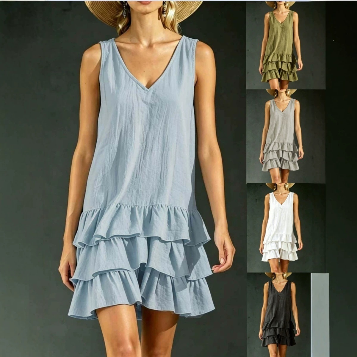 Women's Sleeveless V-Neck Midi Dress with Patchwork Detail