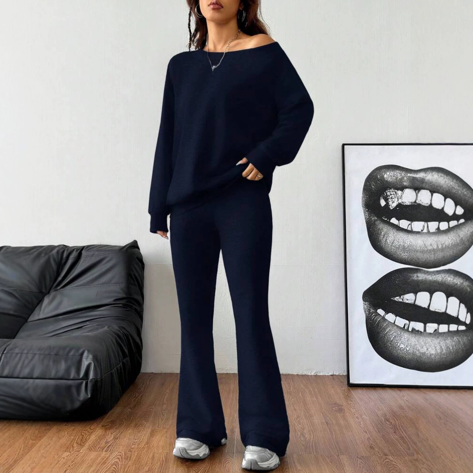 Off-Shoulder Lounge Two-Piece Set with Loose Sweatshirt and Flared Pants