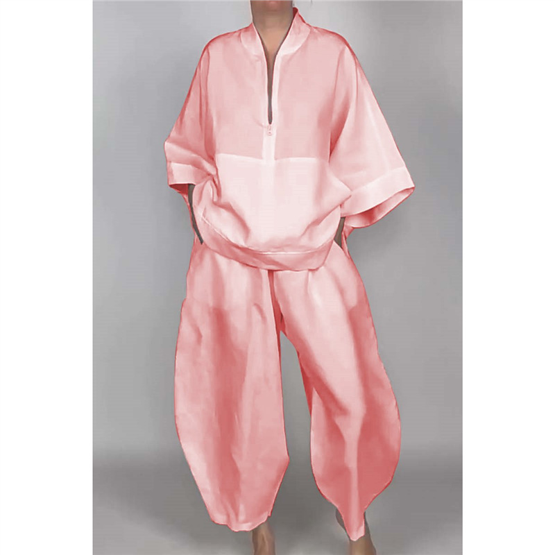 Relaxed Solid Half-Zip Top and Bloomer Pants Set