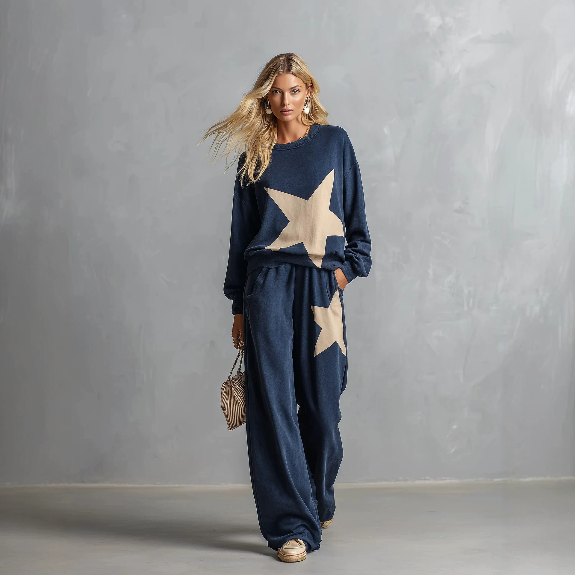 Women's Casual Loose Print Round Neck Two-Piece Set