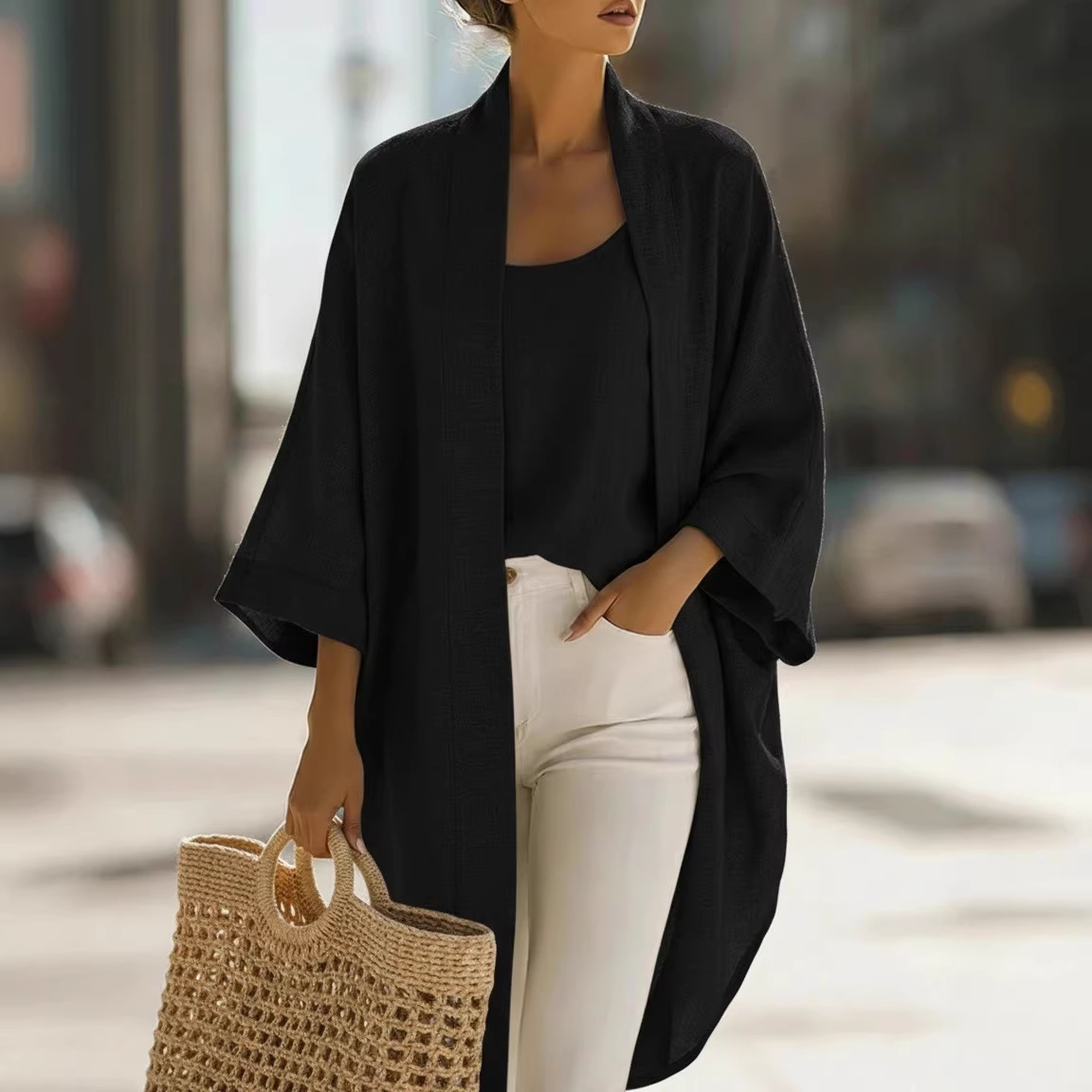Women's Solid Color Cardigan & Tee Two-Piece Set Casual Loose Fit