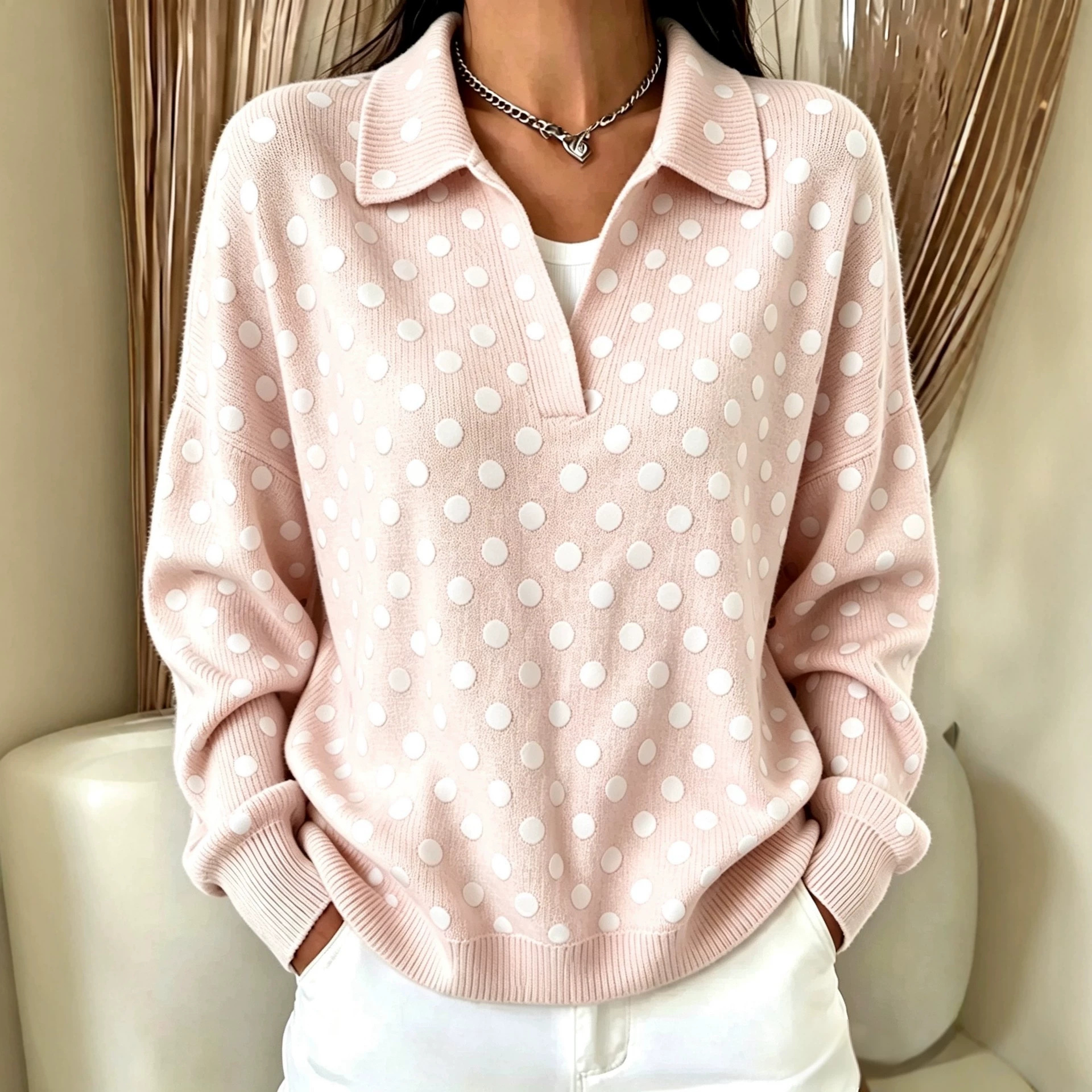Women's Retro Polka Dot Print Button-Up Collared Sweatshirt