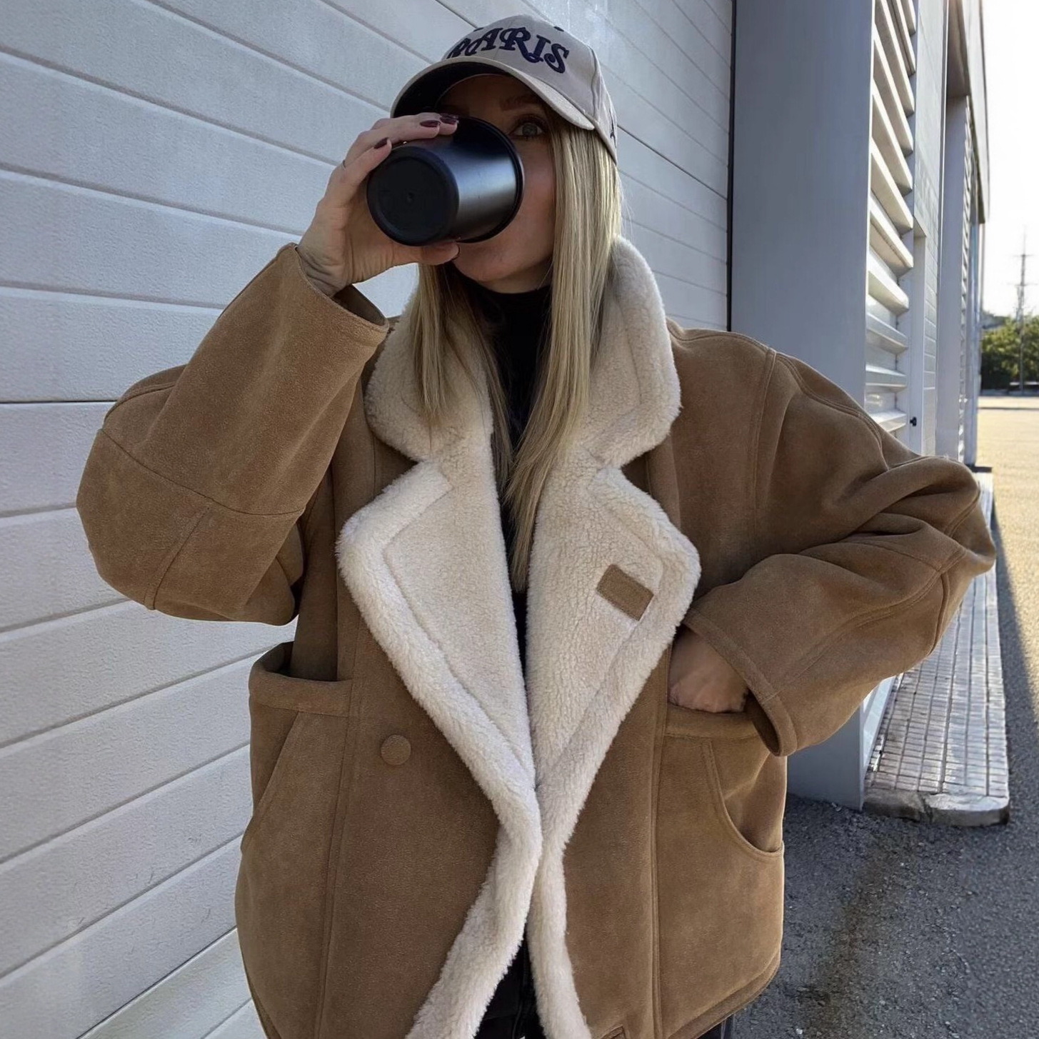 Women's Retro Faux Shearling Coat Round Neck Button Front