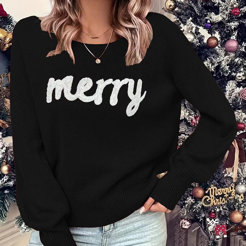 Christmas Crewneck Long Sleeve Pullover Knit Sweater for Women