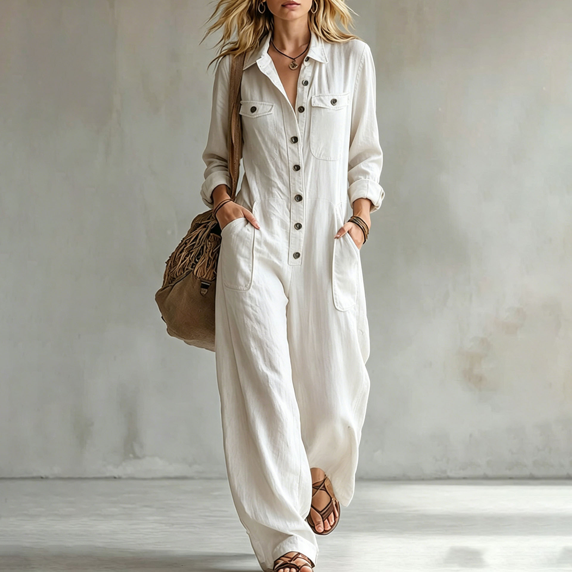 Women's Casual V-Neck Long Sleeve Jumpsuit with Pockets