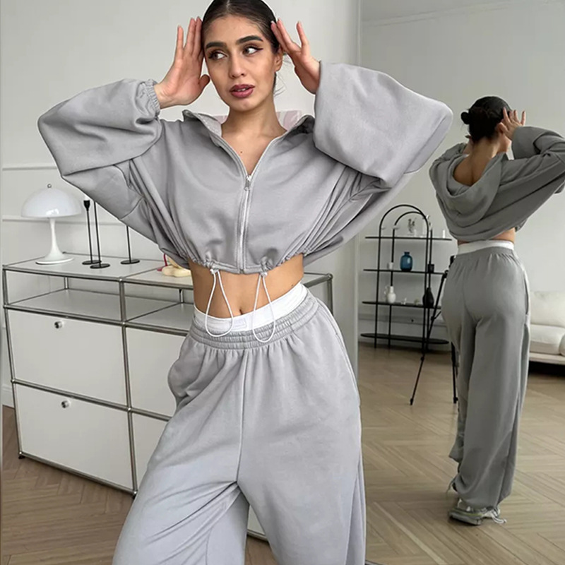 Women's Solid Color Zip-Up Hoodie and Drawstring Jogger Two-Piece Set