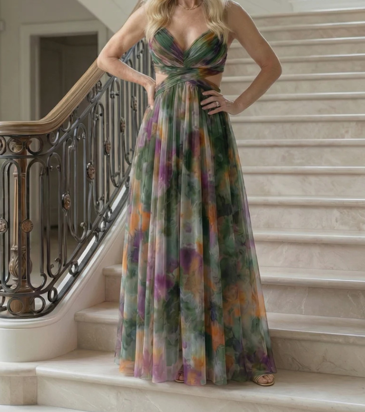 Digital Print Chiffon Long Dress with Cinched Waist