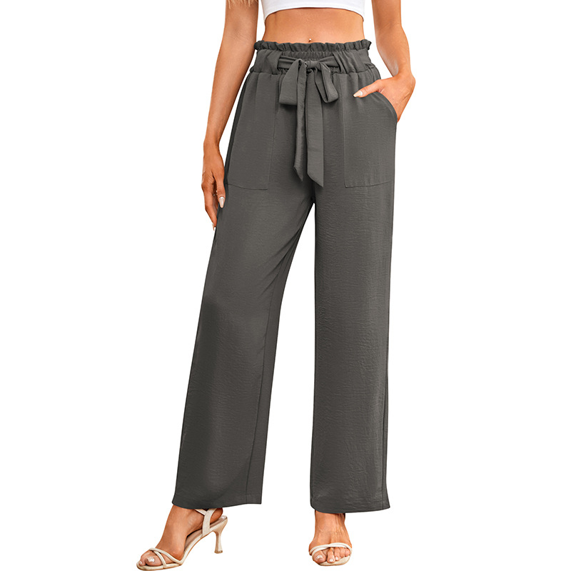 Women's High-Waist Wide-Leg Pants with Tie, Solid Color, Loose Fit