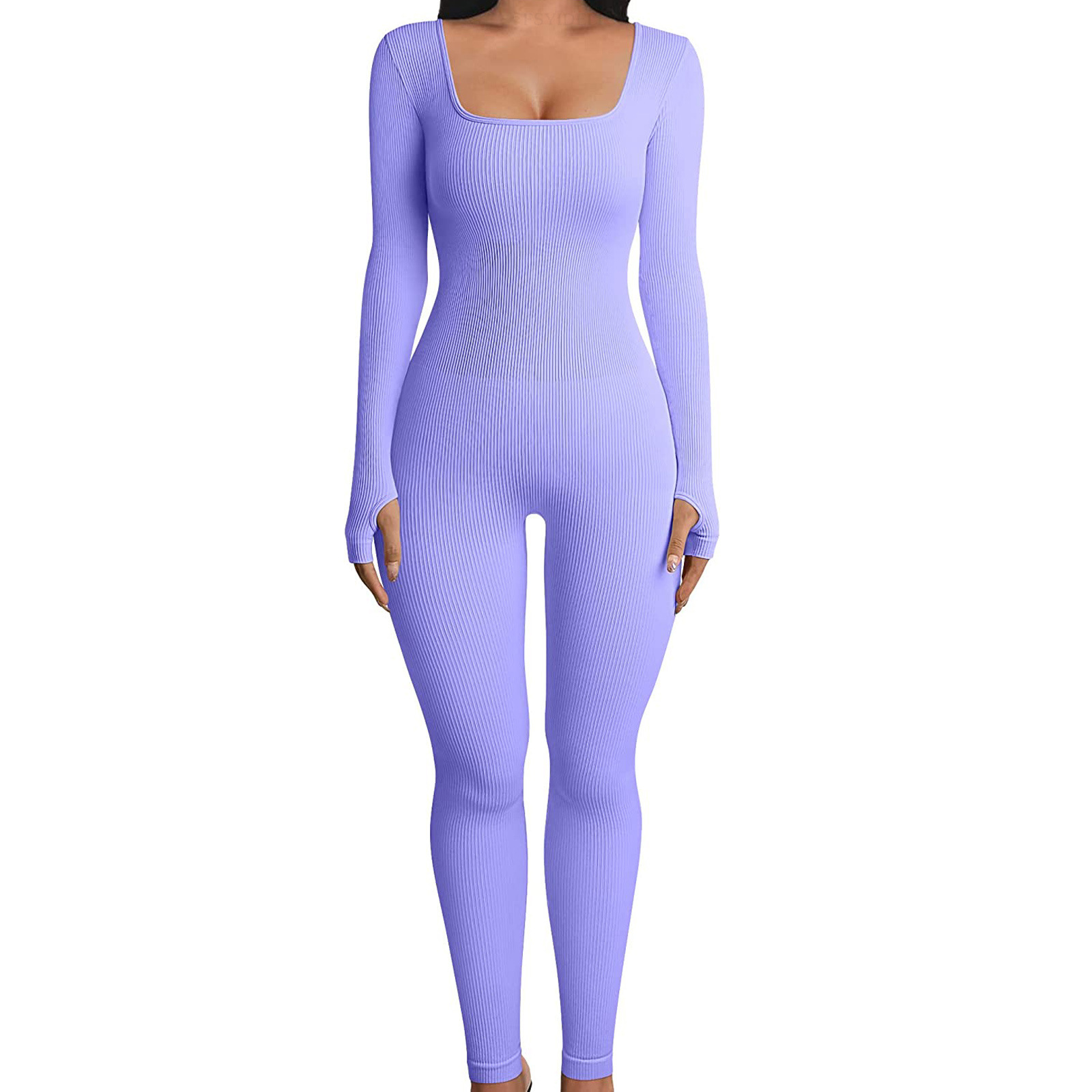 Women's Ribbed Square Neck Bodysuit Slimming Long Sleeve