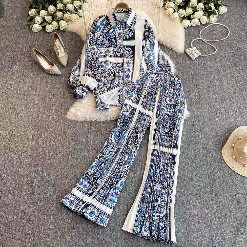 Women's Long Sleeve Printed Shirt & Wide-Leg Pants Set with Pleated Design