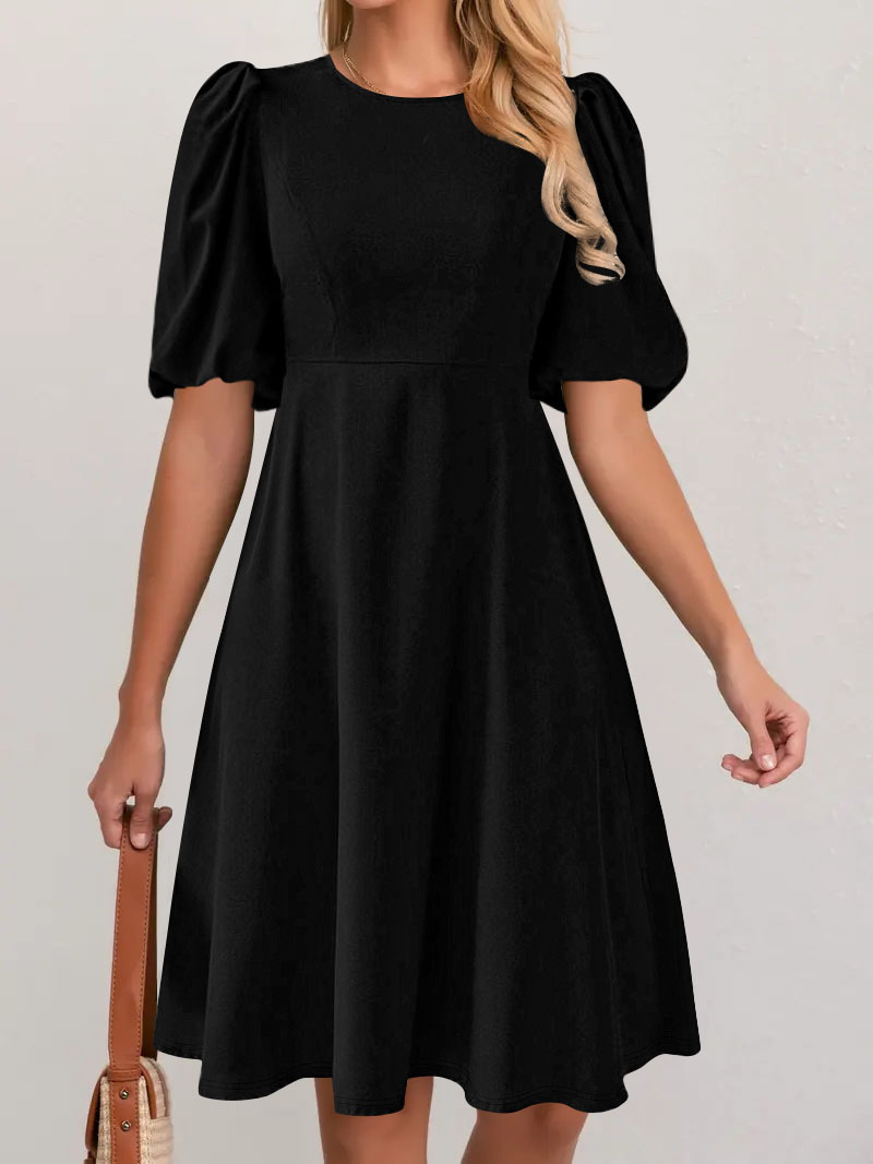Women's Elegant Solid Color Round Neck Puff Sleeve Dress