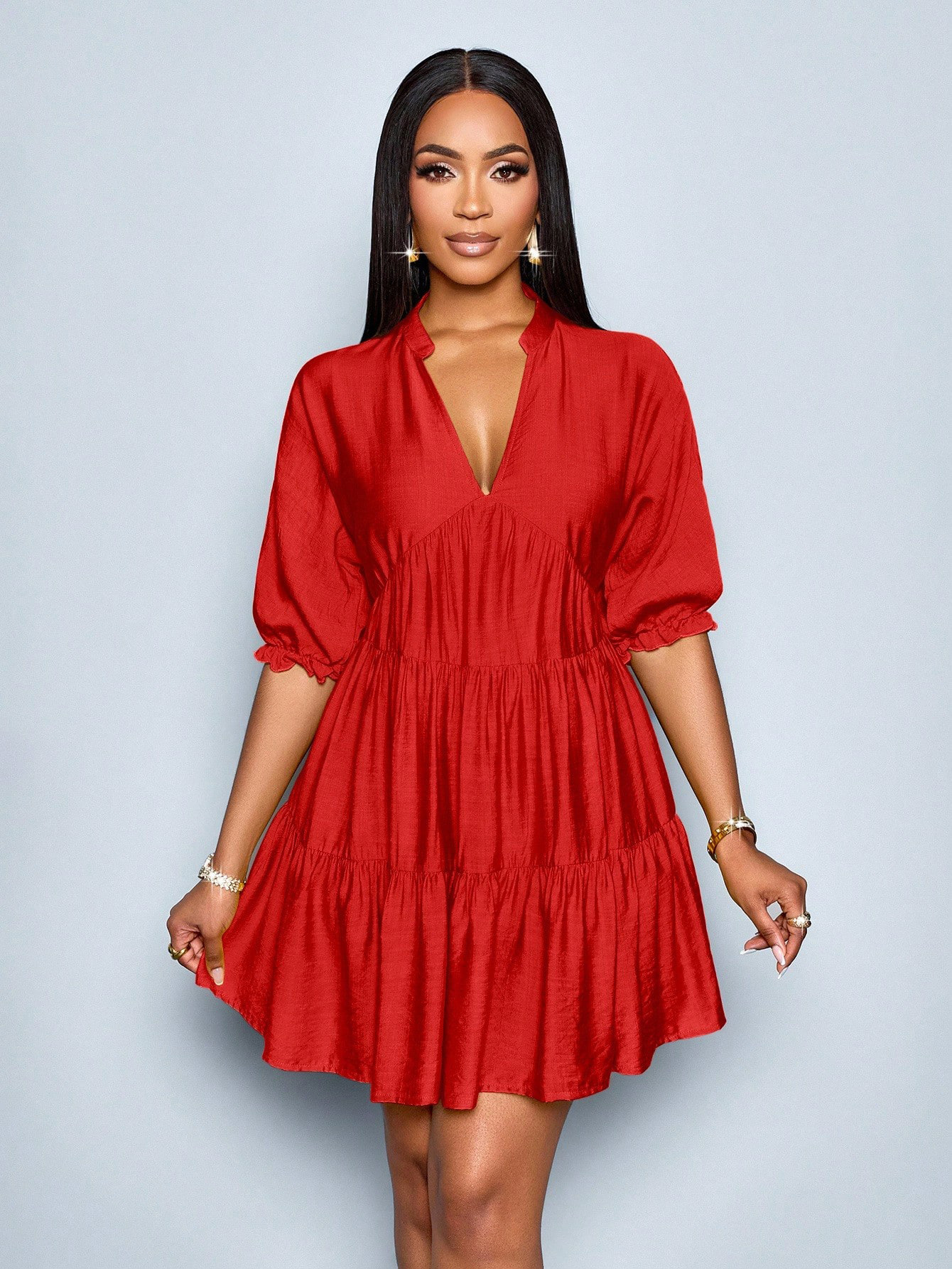 Half-Open Deep V-Neck Bubble Sleeve Pleated Short Dress